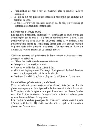 ? L’application de paillis sur les planches afin de pouvoir réduire
  l’arrosage.
? Le fait de ne pas planter de tomates à proximité des cultures de
  pommes de terre.
? Le fait d’assurer une meilleure aération par le biais du tuteurage et
  l’élimination de feuilles contaminées.

La fusariose (F. oxysporum)
Les feuilles flétrissent, jaunissent et s’enroulent à leurs bords en
commençant par la base de la plante et continuant vers le haut. L’on
peut observer une tache brune si l’on coupe la tige ou les racines. Il est
possible que la plante ne flétrisse que sur un côté alors que les reste de
la plante reste saine pendant longtemps. L’on trouvera du duvet de
moisissure rose sur les parties de plantes mortes.

Certaines mesures qui permettent de lutter contre la Fusariose com-
prennent les suivantes :
? Utiliser des variétés résistantes ou tolérantes.
? Pratiquer la rotation des cultures.
? Arracher et brûler les pieds contaminés.
? Minimiser le programme d’arrosage. Pour prévenir le dessèchement
  total du sol, déposer du paillis sur la planche.
? Diminuer l’acidité du sol en appliquant du calcium ou de la marne.

La verticilliose (V. albo-atrum, V. dahliae)
Cette maladie est très courante dans les climats frais (par ex. des ré-
gions montagneuses). Les signes d’infection sont similaires à ceux de
la Fusariose, mais ils apparaissent plus lentement. Les plantes flétris-
sent et les feuilles jaunissent. De nombreuses racines secondaires peu-
vent se former à la base de la plante.
Les résidus de culture propagent la moisissure, surtout dans les sols
très acides (à faible pH). Cette maladie affecte également les autres
plantes des Solanacées.




                          Maladies et ravageurs                        61
 