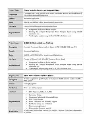 Project Name Power Distribution Circuit stress Analysis
Description
Component level stress analysis of the power distribution boxes in the Main Electrical
Power Generation and Management.
Domain Aerospace Application
Tools SABER and MATHCAD for simulation and Calculations
Interfaces Electrical Power Generation and Management System
Responsibilities
• Component level circuit design analysis
• Creating the Complete Component Stress Analysis Report using SABER
simulation tool
• Verifying the analysis using the MATHCAD calculation tools.
Project Name CH53K-GCU circuit stress Analysis
Description Complete Component Stress Analysis Report for AC CDB, DC CDB and PCU
Domain Aerospace Application
Tools SABER and MATHCAD for simulation and Calculations
Interfaces Primary AC Control Unit, AC & DC Contactor Driver Board
Responsibilities
• Component level circuit design analysis
• Creating the Complete Component Stress Analysis Report using SABER
simulation tool
• Verifying the analysis using the MATHCAD calculation tools.
Project Name DECT Radio Communication Tester
Description
RF Test equipment to qualifying the RF modules in the FP terminal used in corDECT
WLL system
Domain Testing Equipment
Key Device BF531 and Analog Devices
Interfaces • DSP Processor, SDRAM, FLASH
Responsibilities
• Schematic Design
• Component Selection & Schematic Design
• PCB Design Support
• Board Fabrication and Assembly support
• Functional testing and Evaluation
• Enclosure design support
• Firmware development support
Achievement
98% accuracy achieved and verified with the DECT tester CTS-60 for a Pilot quantity
of 100 nos
 