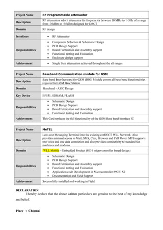 Project Name RF Programmable attenuator
Description
RF attenuators which attenuates the frequencies between 10 MHz to 1 GHz of a range
from -30dBm to -95dBm designed for DRCT
Domain RF design
Interfaces • RF Attenuator
Responsibilities
• Component Selection & Schematic Design
• PCB Design Support
• Board Fabrication and Assembly support
• Functional testing and Evaluation
• Enclosure design support
Achievement • Single Step attenuation achieved throughout the all ranges
Project Name Baseband Communication module for GSM
Description
Base band Interface card for GSM (BIG) Module covers all base band functionalities
required for GSM Base Station
Domain Baseband - ASIC Design
Key Device BF531, SDRAM, FLASH
Responsibilities
• Schematic Design
• PCB Design Support
• Board Fabrication and Assembly support
• Functional testing and Evaluation
Achievement This Card replaces the full functionality of the GSM Base band interface IC
Project Name MeTEL
Description
Low-cost Messaging Terminal into the existing corDECT WLL Network. Also
provides minimal access to Mail, SMS, Chat, Browser and Call Meter. MTS supports
one voice and one data connection and also provides connectivity to standard fax
machines and modems.
Domain WLL Mobile – Embedded Product (8051 micro controller based design)
Responsibilities
• Schematic Design
• PCB Design Support
• Board Fabrication and Assembly support
• Functional testing and Evaluation
• Application code Development in Microcontroller 89C61X2
• Documentation and Field Support
Achievement Successfully installed and working in Field
DECLARATION:
I hereby declare that the above written particulars are genuine to the best of my knowledge
and belief.
Place : Chennai
 
