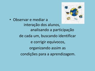 Observar e mediar a 					interação dos alunos, 				analisando a participação de cada um, buscando identificare corrigir equívocos, organizando assim ascondições para a aprendizagem.