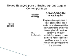 Blog
E-mail
Facebook
WhatsApp
Web
Quest
Redes
sociais
TVDVD
Web
Conferência
Tweet
Novos Espaços para o Ensino Aprendizagem
Contemporânea
A "era digital" das
comunicações
Empresários e gestores do
setor educacional estão
cada vez mais compelidos
ao investimento em novas
tecnologias informáticas
aplicáveis em suas
instituições, porém pouco
atentos à necessidade de
modificar a sala de aula
centrada na pedagogia da
transmissão.
 