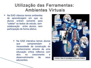  Na EAD clássica temos ambientes
de aprendizagem em que os
alunos entram somente para
"coletar" os textos de estudo, sem
colaboração entre alunos, nem
participação de forma efetiva.
Utilização das Ferramentas:
Ambientes Virtuais
 Na EAD interativa temos alunos
que compreendam a
necessidade da construção do
conhecimento através de uma
educação crítica reflexiva com
alvo no crescimento e
desenvolvimento de seus
educandos.
 