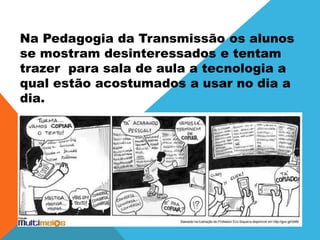 Na Pedagogia da Transmissão os alunos
se mostram desinteressados e tentam
trazer para sala de aula a tecnologia a
qual estão acostumados a usar no dia a
dia.
 