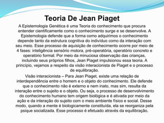 Teoria De Jean Piaget
A Epistemologia Genética é uma Teoria do conhecimento que procura
entender cientificamente como o conhecimento surge e se desenvolve. A
Epistemologia defende que a forma como adquirimos o conhecimento
depende tanto da estrutura cognitiva do indivíduo como da interação com
seu meio. Esse processo de aquisição de conhecimento ocorre por meio de
4 fases: inteligência sensório motora, pré-operatória, operatório concreto e
operatório formal. Por meio da minuciosa observação das crianças,
incluindo seus próprios filhos, Jean Piaget impulsionou essa teoria. A
princípio, vejamos a respeito da visão interacionista de Piaget e o processo
de equilibração.
Visão interacionista – Para Jean Piaget, existe uma relação de
interdependência entre o homem e o objeto do conhecimento. Ele defende
que o conhecimento não é externo e nem inato, mas sim, resulta da
interação entre o sujeito e o objeto. Ou seja, o processo de desenvolvimento
do conhecimento humano tem origem biológica e é ativada por meio da
ação e da interação do sujeito com o meio ambiente físico e social. Desse
modo, quando a mente é biologicamente constituída, ela se reorganiza pela
psique socializada. Esse processo é efetuado através da equilibração.
 