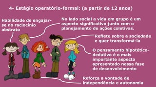 4- Estágio operatório-formal: (a partir de 12 anos)
Habilidade de engajar-
se no raciocínio
abstrato
Reflete sobre a sociedade
e quer transformá-la
O pensamento hipotético-
dedutivo é o mais
importante aspecto
apresentado nessa fase
de desenvolvimento
No lado social a vida em grupo é um
aspecto significativo junto com o
planejamento de ações coletivas.
Reforça a vontade de
independência e autonomia
 