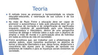 Teoria
 O método inova ao promover a horizontalidade na relação
educador-educando, a valorização da sua cultura e da sua
oralidade;
 Na visão de Paulo Freire a educação deve ser capaz de
promover a autoconfiança e toda ação educativa deve ser um
ato contínuo de recriação e de resignificação de significados
enquanto condição de possibilidade para uma educação
conscientizadora e libertadora, dentro de uma perspectiva
contínua de diálogo e reflexão sobre a ação com o objetivo de
ampliar a visão de mundo e a participação ativa do indivíduo
em todas as esferas da vida em sociedade;
 Freire acreditava que, por trabalhar com a alfabetização de
adultos pobres, esses conceitos auxiliariam no objetivo de
tornar a educação libertadora e que, dessa forma, despertaria a
consciência dos alunos para as relações de opressão nos
ambientes de trabalho e para as injustiças sociais existentes na
sociedade.
 