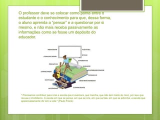 O professor deve se colocar como ponte entre o
estudante e o conhecimento para que, dessa forma,
o aluno aprenda a “pensar” e a questionar por si
mesmo, e não mais receba passivamente as
informações como se fosse um depósito do
educador.
" Precisamos contribuir para criar a escola que é aventura, que marcha, que não tem medo do risco, por isso que
recusa o imobilismo. A escola em que se pensa, em que se cria, em que se fala, em que se adivinha, a escola que
apaixonadamente diz sim a vida." (Paulo Freire)
 