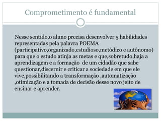 Comprometimento é fundamental
Nesse sentido,o aluno precisa desenvolver 5 habilidades
representadas pela palavra POEMA
(participativo,organizado,estudioso,metódico e autônomo)
para que o estudo atinja as metas e que,sobretudo,haja a
aprendizagem e a formação de um cidadão que sabe
questionar,discernir e criticar a sociedade em que ele
vive,possibilitando a transformação ,automatização
,otimização e a tomada de decisão desse novo jeito de
ensinar e aprender.
 