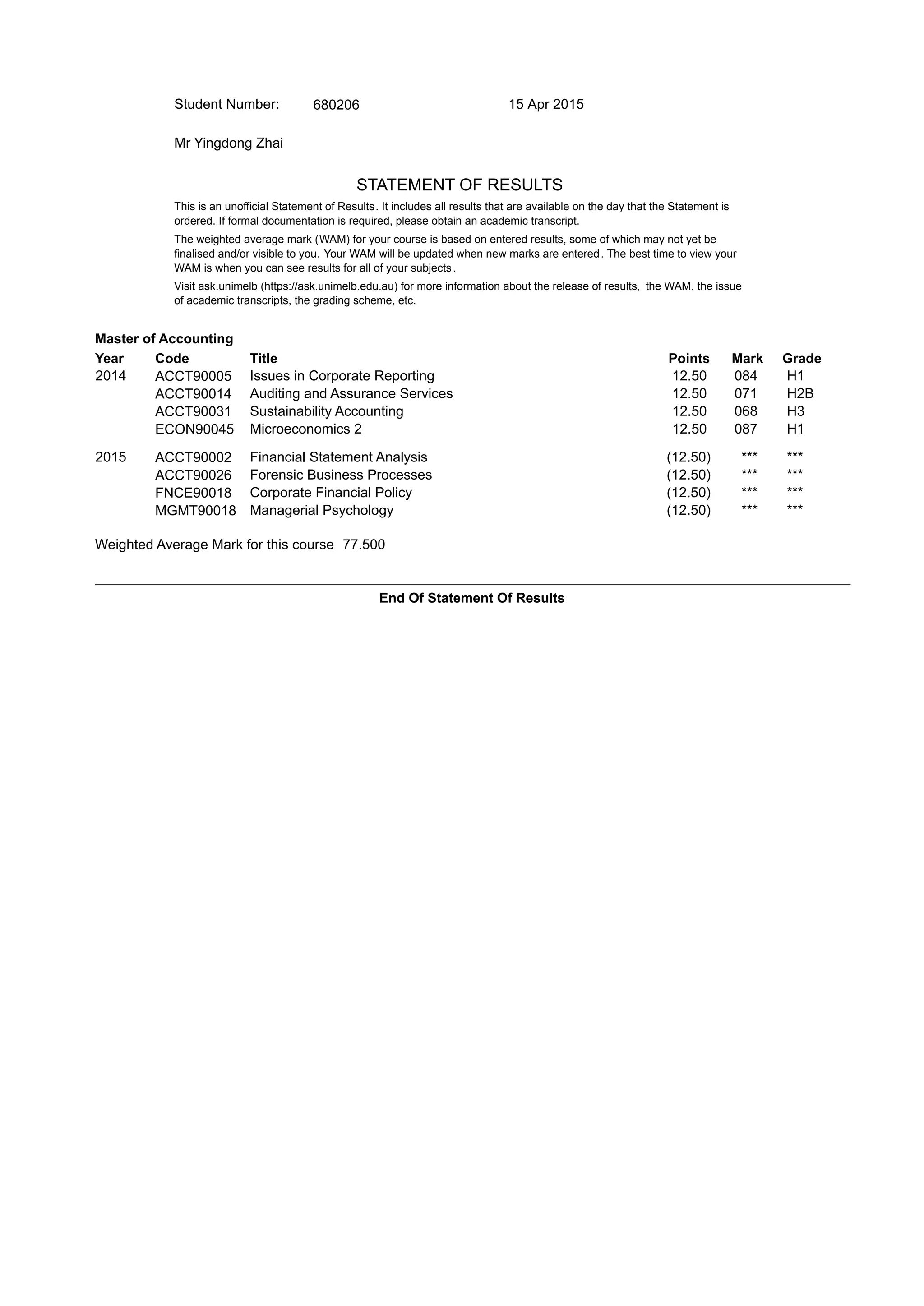 Melbourne University Transcript PDF