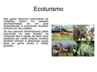 Ecoturismo Nas game reserves particulares os visitantes fazem um passeio acompanhados de um guia especializado e encontram diversos animais em seu habitat.  Já nos parques administrados pelas províncias ou pelo Estado, os visitantes têm a opção de fazer seus passeios por conta própria, embora também tenham à disposição guias para os game drives e visitas guiadas. 