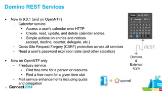 Domino REST Services




25

New in 9.0.1 (and on OpenNTF)
–
Calendar service
●
Access a user's calendar over HTTP
●
Create, read, update, and delete calendar entries.
●
Simple actions on entries and notices
(accept, decline, counter, delegate, etc.)
–
Cross Site Request Forgery (CSRF) protection across all services
–
Read a user's password expiration date (and other statistics)
New on OpenNTF only
–
Freebusy service
●
Find free time for a person or resource
●
Find a free room for a given time slot
–
Mail service enhancements including quota
and delegation

REST
Domino
&
External
apps

 
