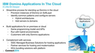 IBM Domino Applications In The Cloud
A Little Bit Deeper






33

Streamline process for standing up Domino in the cloud
–
Provision instances of Domino on SoftLayer
–
Identify common patterns and configure servers
●
Hybrid architectures
●
Add servers to domains
Build applications for on premises or cloud
–
Same programming model and APIs
–
Run with hybrid environments
–
Customers with only Domino applications
Complement with services
–
ISSC Managed Business Solutions for hosting applications
–
Partner services for hosting and modernization
–
ISVs bundling solutions with platform

IBM Domino
Applications

 