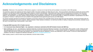 Acknowledgements and Disclaimers
Availability. References in this presentation to IBM products, programs, or services do not imply that they will be available in all countries in which IBM operates.
The workshops, sessions and materials have been prepared by IBM or the session speakers and reflect their own views. They are provided for informational purposes only, and are neither
intended to, nor shall have the effect of being, legal or other guidance or advice to any participant. While efforts were made to verify the completeness and accuracy of the information
contained in this presentation, it is provided AS-IS without warranty of any kind, express or implied. IBM shall not be responsible for any damages arising out of the use of, or otherwise
related to, this presentation or any other materials. Nothing contained in this presentation is intended to, nor shall have the effect of, creating any warranties or representations from IBM or
its suppliers or licensors, or altering the terms and conditions of the applicable license agreement governing the use of IBM software.
All customer examples described are presented as illustrations of how those customers have used IBM products and the results they may have achieved. Actual environmental costs and
performance characteristics may vary by customer. Nothing contained in these materials is intended to, nor shall have the effect of, stating or implying that any activities undertaken by you
will result in any specific sales, revenue growth or other results.

© Copyright IBM Corporation 2014. All rights reserved.
 U.S. Government Users Restricted Rights - Use, duplication or disclosure restricted by GSA ADP Schedule Contract with IBM Corp.
 IBM, the IBM logo, ibm.com, ] are trademarks or registered trademarks of International Business Machines Corporation in the United States, other countries, or both. If these and other
IBM trademarked terms are marked on their first occurrence in this information with a trademark symbol (® or ™), these symbols indicate U.S. registered or common law trademarks
owned by IBM at the time this information was published. Such trademarks may also be registered or common law trademarks in other countries. A current list of IBM trademarks is
available on the Web at “Copyright and trademark information” at www.ibm.com/legal/copytrade.shtml
Other company, product, or service names may be trademarks or service marks of others.

36

 
