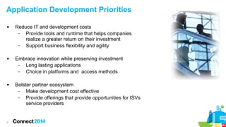 Application Development Priorities






4

Reduce IT and development costs
–
Provide tools and runtime that helps companies
realize a greater return on their investment
–
Support business flexibility and agility
Embrace innovation while preserving investment
–
Long lasting applications
–
Choice in platforms and access methods
Bolster partner ecosystem
–
Make development cost effective
–
Provide offerings that provide opportunities for ISVs
service providers

 