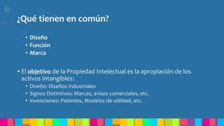 ¿Qué tienen en común?
• Diseño
• Función
• Marca
 El objetivo de la Propiedad Intelectual es la apropiación de los
activos intangibles:
• Diseño: Diseños Industriales
• Signos Distintivos: Marcas, avisos comerciales, etc.
• Invenciones: Patentes, Modelos de utilidad, etc.
 
