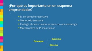 ¿Por qué es importante en un esquema
emprendedor?
 Es un derecho restrictivo
 Monopolio temporal
 Protege el valor cuando se hace con una estrategia
 Marca: activo de PI más valioso
Estrategia
Defensiva
Ofensiva
 