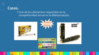 Casos.
 Uno de los elementos requeridos en la
competitividad actual es la diferenciación.
Diseño
Marca
 