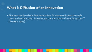 What is Diffusion of an Innovation
 The process by which that innovation “is communicated through
certain channels over time among the members of a social system”
(Rogers, 1983)
5
 