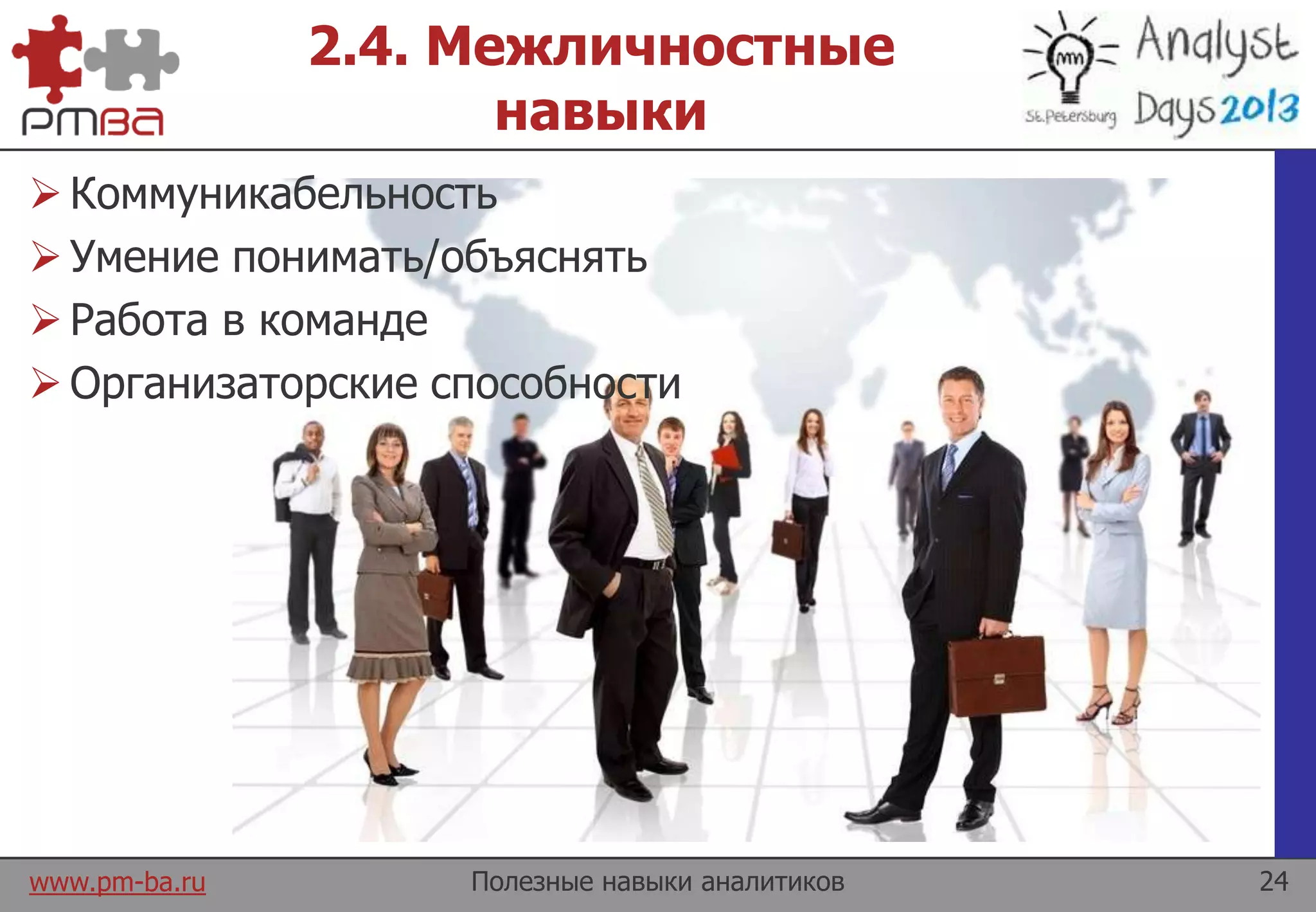 www.pm-ba.ru
2.4. Межличностные
навыки
 Коммуникабельность
 Умение понимать/объяснять
 Работа в команде
 Организаторские способности
Полезные навыки аналитиков 24
 