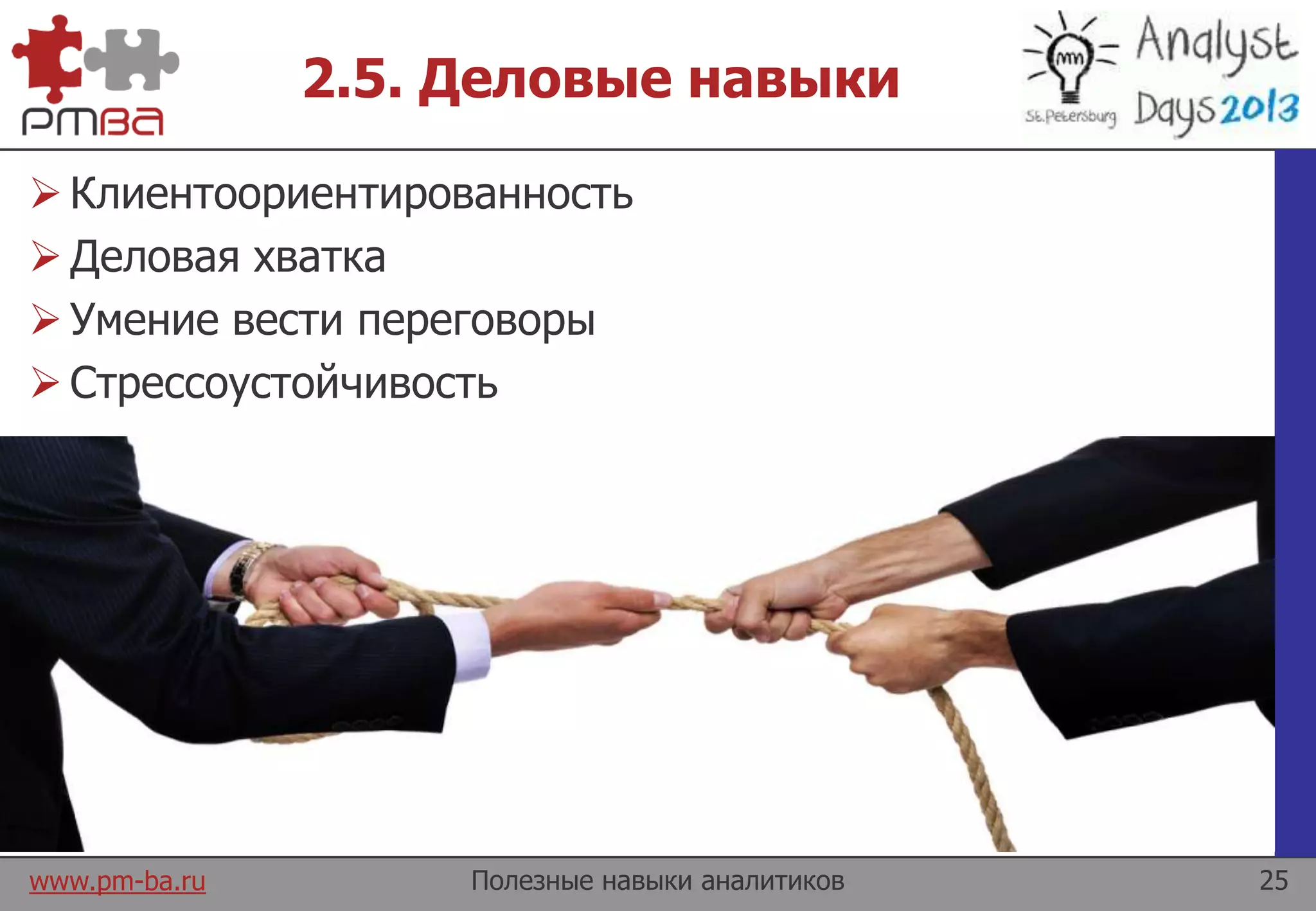 www.pm-ba.ru
2.5. Деловые навыки
 Клиентоориентированность
 Деловая хватка
 Умение вести переговоры
 Стрессоустойчивость
Полезные навыки аналитиков 25
 