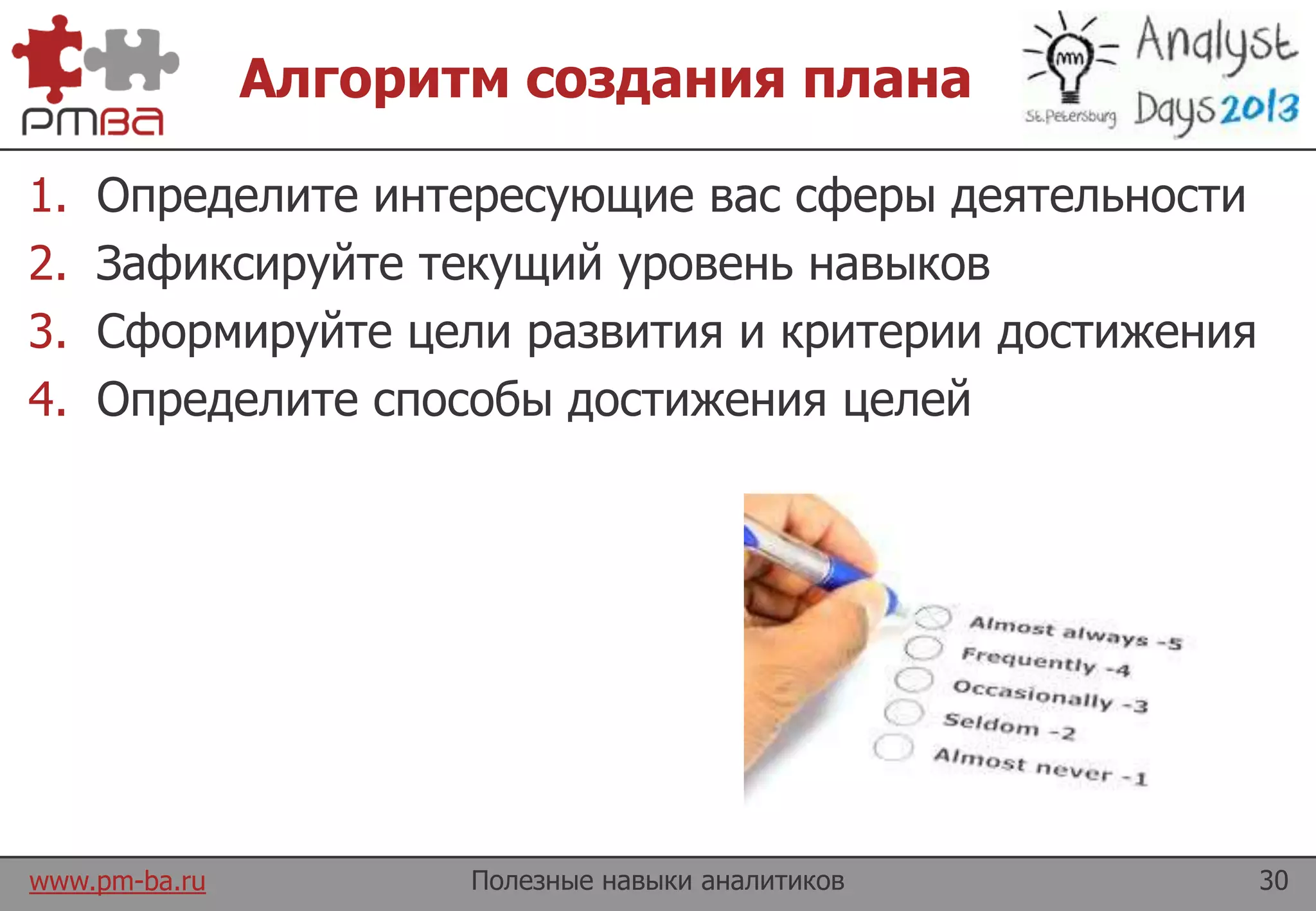 www.pm-ba.ru
Алгоритм создания плана
1. Определите интересующие вас сферы деятельности
2. Зафиксируйте текущий уровень навыков
3. Сформируйте цели развития и критерии достижения
4. Определите способы достижения целей
Полезные навыки аналитиков 30
 