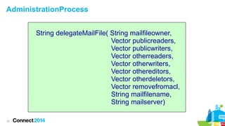 AdministrationProcess
String delegateMailFile( String mailfileowner,
Vector publicreaders,
Vector publicwriters,
Vector otherreaders,
Vector otherwriters,
Vector othereditors,
Vector otherdeletors,
Vector removefromacl,
String mailfilename,
String mailserver)
24

 
