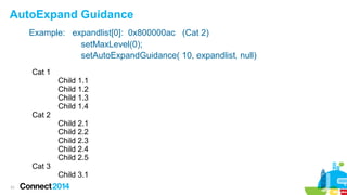AutoExpand Guidance
Example: expandlist[0]: 0x800000ac (Cat 2)
setMaxLevel(0);
setAutoExpandGuidance( 10, expandlist, null)
Cat 1

Cat 2

Cat 3
31

Child 1.1
Child 1.2
Child 1.3
Child 1.4
Child 2.1
Child 2.2
Child 2.3
Child 2.4
Child 2.5
Child 3.1

 