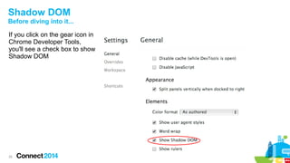 Shadow DOM
Before diving into it...
If you click on the gear icon in
Chrome Developer Tools,
you'll see a check box to show
Shadow DOM

25

 
