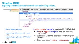 Shadow DOM
Exposing something browser vendors have been using already...

<input type="range"> has inner UI in HTML, but:

<input type="range"> does not have any
child nodes

Such inner UI cannot be accessed from regular
DOM tree

Other examples: <video>, <textarea>
26

 