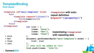TemplateBinding
Auto-repeat
<template id="main-template" bind>
<template> with auto<ul>
repeat definition
<template repeat="{{list}}">
(repeat="{{property}}")
<li>{{name}}</li>
</template>
</ul>
</template>
var list = [
{name: "Anne"},
{name: "Ben"},
{name: "Chad"}

Instantiating <template>
with repeating data

];
document.getElementById("main-template").model = {
list: list
};
// John will be added as <li>
list.push({name: "John"});
40

 