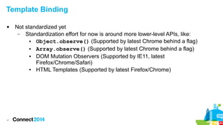 Template Binding


41

Not standardized yet
– Standardization effort for now is around more lower-level APIs, like:
●
Object.observe() (Supported by latest Chrome behind a flag)
●
Array.observe() (Supported by latest Chrome behind a flag)
●
DOM Mutation Observers (Supported by IE11, latest
Firefox/Chrome/Safari)
●
HTML Templates (Supported by latest Firefox/Chrome)

 