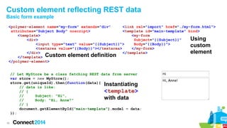 Custom element reflecting REST data
Basic form example
<polymer-element name="my-form" extends="div"
<link rel="import" href="./my-form.html">
attributes="Subject Body" noscript>
<template id="main-template" bind>
<template>
<my-form
Using
<div>
Subject="{{Subject}}"
<input type="text" value="{{Subject}}">
Body="{{Body}}">
custom
<textarea value="{{Body}}"></textarea>
</my-form>
element
</div>
</template>
Custom element definition
</template>
</polymer-element>
// Let MyStore be a class fetching REST data from server
var store = new MyStore();
store.get(uniqueId).then(function(data){
Instantiating
// data is like:
// {
<template>
//
Subject: "Hi",
with data
//
Body: "Hi, Anne!"
// }
document.getElementById("main-template").model = data;
});
45

 