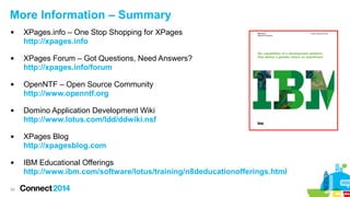 More Information – Summary












50

XPages.info – One Stop Shopping for XPages
http://xpages.info
XPages Forum – Got Questions, Need Answers?
http://xpages.info/forum
OpenNTF – Open Source Community
http://www.openntf.org
Domino Application Development Wiki
http://www.lotus.com/ldd/ddwiki.nsf
XPages Blog
http://xpagesblog.com
IBM Educational Offerings
http://www.ibm.com/software/lotus/training/n8deducationofferings.html

 