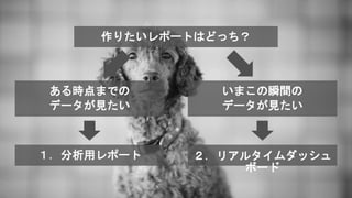 作りたいレポートはどっち？
ある時点までの
データが見たい
いまこの瞬間の
データが見たい
１．分析用レポート ２．リアルタイムダッシュ
ボード
 