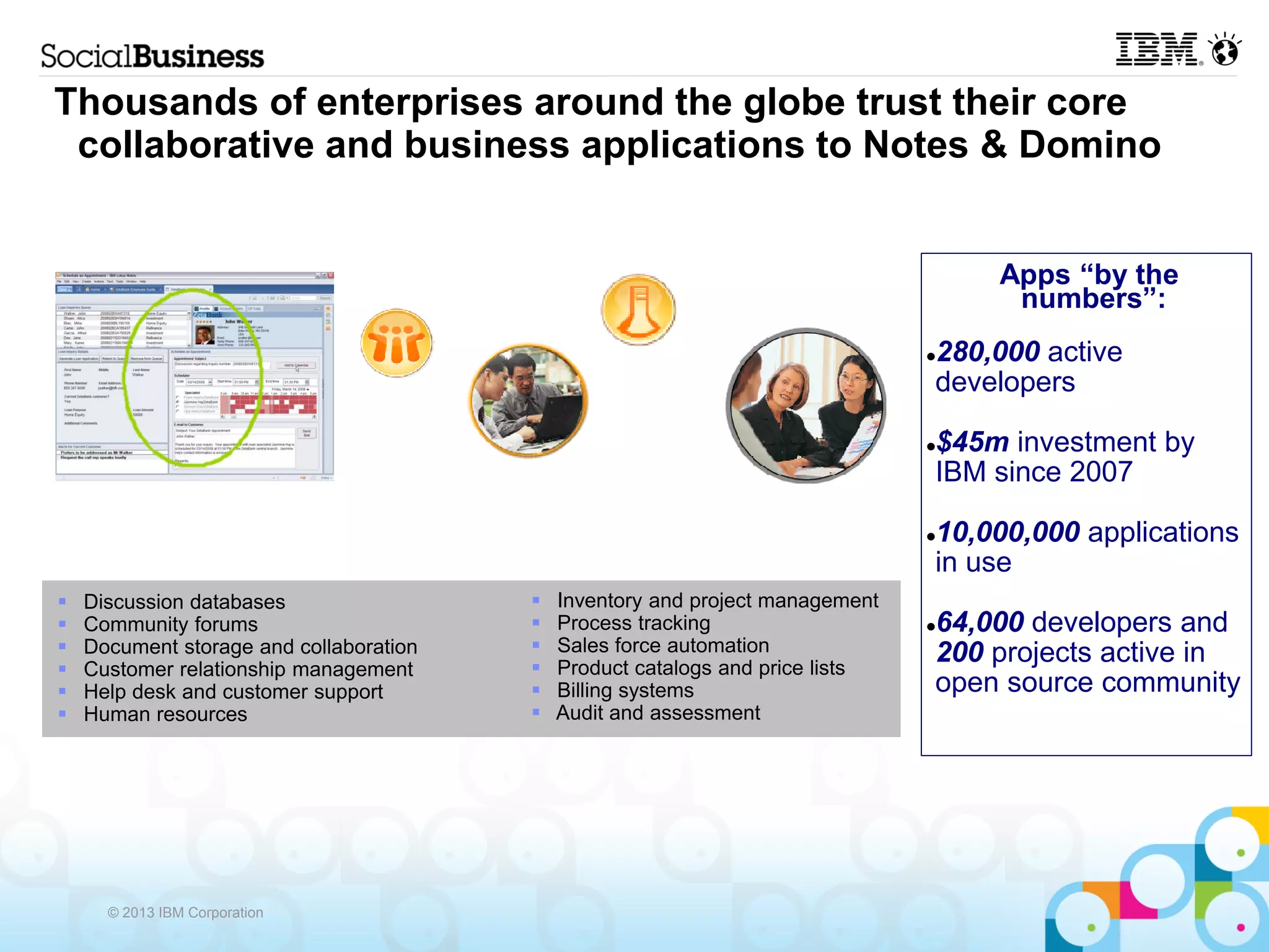 Thousands of enterprises around the globe trust their core
 collaborative and business applications to Notes & Domino


                                                                                    Apps “by the
                                                                                     numbers”:
                                                                                280,000 active
                                                                                

                                                                                developers

                                                                                $45m investment by
                                                                                

                                                                                IBM since 2007

                                                                                10,000,000 applications
                                                                                

                                                                                in use
   Discussion databases                    Inventory and project management
   Community forums                        Process tracking                   64,000 developers and
                                                                                
   Document storage and collaboration      Sales force automation             200 projects active in
   Customer relationship management        Product catalogs and price lists
   Help desk and customer support          Billing systems                    open source community
   Human resources                         Audit and assessment




      © 2013 IBM Corporation
 