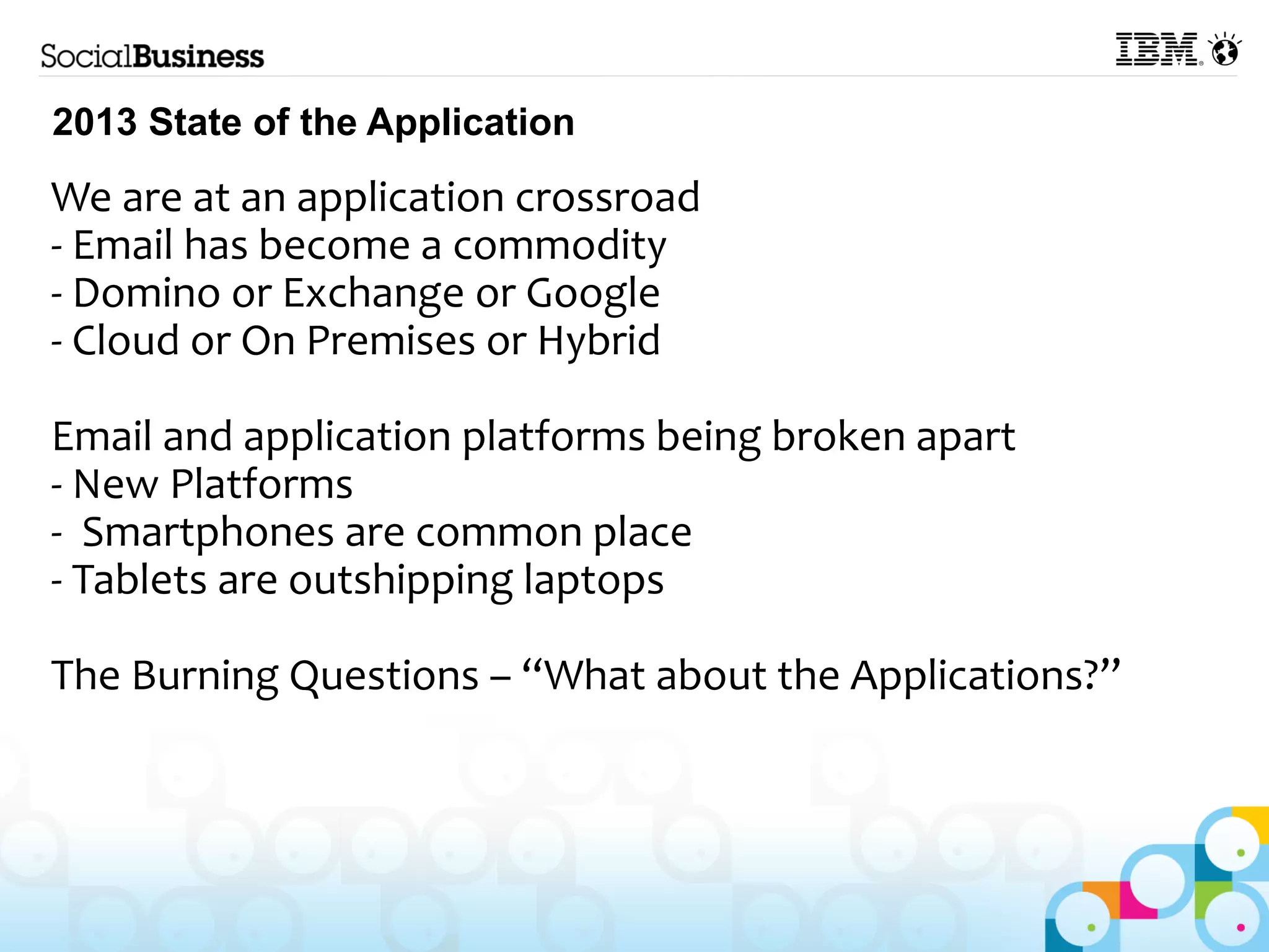 2013 State of the Application
We are at an application crossroad
- Email has become a commodity
- Domino or Exchange or Google
- Cloud or On Premises or Hybrid

Email and application platforms being broken apart
- New Platforms
- Smartphones are common place
- Tablets are outshipping laptops

The Burning Questions – “What about the Applications?”
 