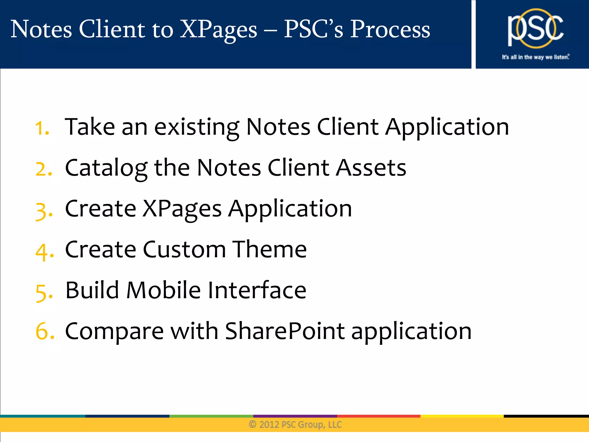 Notes Client to XPages – PSC’s Process


  1. Take an existing Notes Client Application
  2. Catalog the Notes Client Assets
  3. Create XPages Application
  4. Create Custom Theme
  5. Build Mobile Interface
  6. Compare with SharePoint application
 