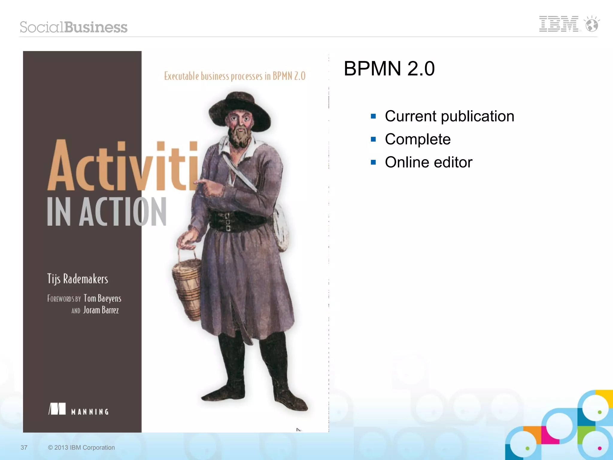 BPMN 2.0

                                   Current publication
                                   Complete
                                   Online editor




37   © 2013 IBM Corporation
 