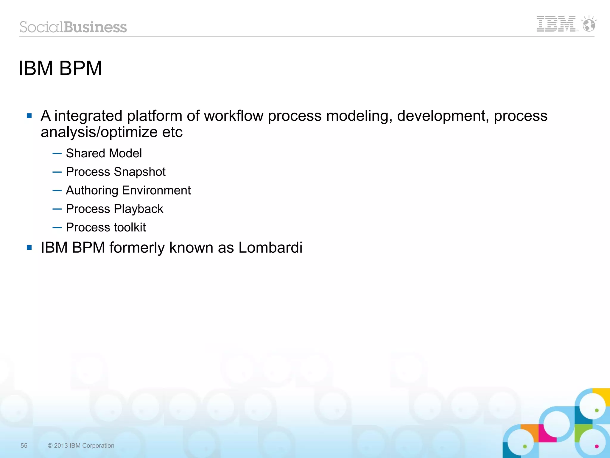 IBM BPM

    A integrated platform of workflow process modeling, development, process
     analysis/optimize etc
       ─ Shared Model
       ─ Process Snapshot
       ─ Authoring Environment
       ─ Process Playback
       ─ Process toolkit
    IBM BPM formerly known as Lombardi




55    © 2013 IBM Corporation
 