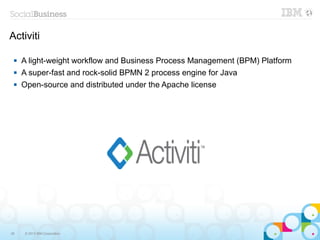 Activiti

    A light-weight workflow and Business Process Management (BPM) Platform
    A super-fast and rock-solid BPMN 2 process engine for Java
    Open-source and distributed under the Apache license




36   © 2013 IBM Corporation
 