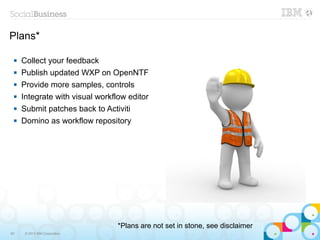Plans*

    Collect your feedback
    Publish updated WXP on OpenNTF
    Provide more samples, controls
    Integrate with visual workflow editor
    Submit patches back to Activiti
    Domino as workflow repository




                                 *Plans are not set in stone, see disclaimer
60    © 2013 IBM Corporation
 