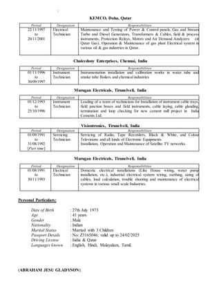 :
Personal Particulars:
Date of Birth : 27th July 1973
Age : 41 years
Gender : Male
Nationality : Indian
Marital Status : Married with 3 Children
Passport Details : No: Z3165046; valid up to 24/02/2025
Driving License : India & Qatar
Languages known : English, Hindi, Malayalam, Tamil.
(ABRAHAM JESU GLADYSON)
KEMCO, Doha, Qatar
Period Designation Responsibilities
22/11/1997
to
20/11/2001
Electrical
Technician
Maintenance and Testing of Power & Control panels, Gas and Stream
Turbo and Diesel Generators, Transformers & Cables, field & process
instruments, Protection Relays, Motors and Air Demand Analyzers (in
Qatar Gas). Operation & Maintenance of gas plant Electrical system in
various oil & gas industries in Qatar.
Chalcedony Enterprises, Chennai, India
Period Designation Responsibilities
01/11/1996
to
30/09/1997
Instrument
Technician
Instrumentation installation and calibration works in water tube and
smoke tube Boilers and chemical industries
Murugan Electricals, Tirunelveli, India
Period Designation Responsibilities
01/12/1993
to
25/10/1996
Instrument
Technician
Leading of a team of technicians for Installation of instrument cable trays,
field junction boxes and field instruments, cable laying, cable glanding,
termination and loop checking for new cement mill project in India
Cements Ltd.
Visiontronics, Tirunelveli, India
Period Designation Responsibilities
01/09/1991
to
31/08/1992
[Part time]
Servicing
Technician
Servicing of Radio, Tape Recorders, Black & White, and Colour
Televisions and all kinds of Electronic Equipments.
Installation, Operation and Maintenance of Satellite TV networks.
Murugan Electricals, Tirunelveli, India
Period Designation Responsibilities
01/08/1991
to
30/11/1993
Electrical
Technician
Domestic electrical installations (Like House wiring, water pump
installation, etc.), industrial electrical system wiring, earthing, sizing of
cables, load calculation, trouble shooting and maintenance of electrical
systems in various small scale Industries.
 