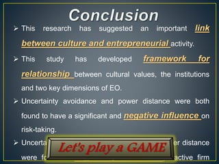  This research has suggested an important link
between culture and entrepreneurial activity.
 This study has developed framework for
relationship between cultural values, the institutions
and two key dimensions of EO.
 Uncertainty avoidance and power distance were both
found to have a significant and negative influence on
risk-taking.
 Uncertainty avoidance, individualism, and power distance
were found to negatively influence proactive firm
 
