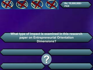 What type of impact is examined in this research
paper on Entrepreneurial Orientation
Dimensions?
?
Rs. 10,000,000/-
PKR
 