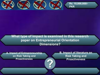 What type of impact is examined in this research
paper on Entrepreneurial Orientation
Dimensions?
A. Impact of Entrepreneurship
on Risk Taking and
Proactiveness
B. Impact of literature on
Risk Taking and
Proactiveness
?
Rs. 10,000,000/-
PKR
 