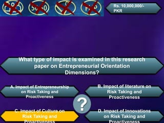 What type of impact is examined in this research
paper on Entrepreneurial Orientation
Dimensions?
A. Impact of Entrepreneurship
on Risk Taking and
Proactiveness
D. Impact of Innovations
on Risk Taking and
B. Impact of literature on
Risk Taking and
Proactiveness
C. Impact of Culture on
Risk Taking and
?
Rs. 10,000,000/-
PKR
 