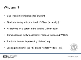 www.derby.ac.uk
Who am I?
• BSc (Hons) Forensic Science Student
• Graduate in July with predicted 1st Class (hopefully!)
• Aspirations for a career in the Wildlife Crime sector
• Combination of my two passions: Forensic Science & Wildlife!
• Particular interest in protecting birds of prey
• Lifelong member of the RSPB and Norfolk Wildlife Trust
 