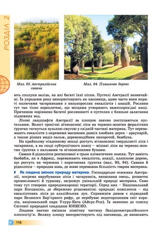 РОЗДІЛ2
ні. їх упродовж року використовують як пасовища, адже часто вони вкри­
ті колючими чагарниками з низькорослих евкаліптів і акацій. Рослини
тут так тісно переплетені, що місцями утворюють важкопрохідні хащі.
Причиною порівняно багатої рослинності в пустелях є близьке залягання
підземних вод.
Лісові ландшафти Австралії за площею значно поступаються пус­
тельним. Вологі тропічні вічнозелені ліси на червоно-жовтих фералітних
ґрунтах тягнуться вузькою смугою у східній частині материка. Тут перева­
жають евкаліпти з окремими масивами давніх хвойних дерев - араукарій,
а також різних видів пальм, деревоподібних папоротей, бамбука.
На крайньому південному заході ростуть вічнозелені твердолисті ліси і
чагарники, а на сході субтропічного поясу - мішані ліси на червоно-жов­
тих ґрунтах з пальмами та вічнозеленими буками.
Савани й рідколісся розташовані в трьох кліматичних поясах. Тут замість
баобабів, як в Африці, переважають евкаліпти, акації, пляшкове дерево,
що ростуть на червоних і коричневих ґрунтах (мал. 93, 94). Савани й
рідколісся - природна зона, де живе переважна більшість тварин материка.
> Як людина змінює природу материка. Господарське освоєння Австра­
лії, зокрема вирубування лісів і чагарників, випасання овець, розвиток
промисловості й туризму, загрожує унікальній природі материка. Саме
тому тут створено природоохоронні території. Серед них - Національний
парк Косцюшко, де збережено різноманітні природні комплекси - від
евкаліптових лісів до альпійських лук. Справжнім дивом є підводний
парк Великого Бар’єрного рифу, де перебуває недоторканним світ кора­
лів, національний парк Улуру-Ката (Айєрс-Рок). їх занесено до списку
Світової природної спадщини ЮНЕСКО.
Людина значно змінила північну частину Західноавстралійського
плоскогір’я. Велику площу використовують під пасовища, де випасають
118
 