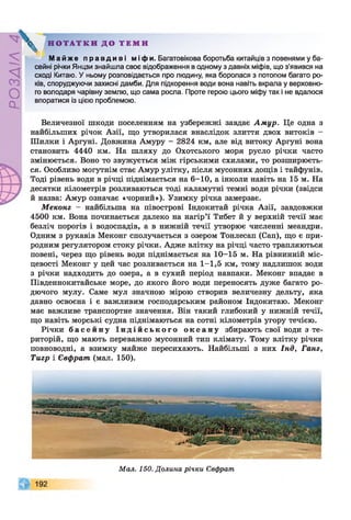 ZlVEOd
^ Н О Т А Т К И Д О Т Е М И
Ма й же п р а в д и в і міфи. Багатовікова боротьба китайців з повенями у ба­
сейні річки Янцзи знайшла своє відображення в одному з давніх міфів, що з'явився на
сході Китаю. У ньому розповідається про людину, яка боролася з потопом багато ро­
ків, споруджуючи захисні дамби. Для підкорення води вона навіть вкрала у верховно­
го володаря чарівну землю, що сама росла. Проте герою цього міфу так і не вдалося
впоратися із цією проблемою.
Величезної шкоди поселенням на узбережжі завдає Амур. Це одна з
найбільших річок Азії, що утворилася внаслідок злиття двох витоків -
Шилки і Аргуні. Довжина Амуру - 2824 км, але від витоку Аргуні вона
становить 4440 км. На шляху до Охотського моря русло річки часто
змінюється. Воно то звужується між гірськими схилами, то розширюєть­
ся. Особливо могутнім стає Амур улітку, після мусонних дощів і тайфунів.
Тоді рівень води в річці піднімається на 6-10, а інколи навіть на 15 м. На
десятки кілометрів розливаються тоді каламутні темні води річки (звідси
й назва: Амур означає «чорний»). Узимку річка замерзає.
Меконг - найбільша на півострові Індокитай річка Азії, завдовжки
4500 км. Вона починається далеко на нагір’ї Тибет й у верхній течії має
безліч порогів і водоспадів, а в нижній течії утворює численні меандри.
Одним з рукавів Меконг сполучається з озером Тонлесап (Сап), що є при­
родним регулятором стоку річки. Адже влітку на річці часто трапляються
повені, через що рівень води піднімається на 10-15 м. На рівнинній міс­
цевості Меконг у цей час розливається на 1-1,5 км, тому надлишок води
з річки надходить до озера, а в сухий період навпаки. Меконг впадає в
Південнокитайське море, до якого його води переносять дуже багато ро­
дючого мулу. Саме мул значною мірою створив величезну дельту, яка
давно освоєна і є важливим господарським районом Індокитаю. Меконг
має важливе транспортне значення. Він такий глибокий у нижній течії,
що навіть морські судна піднімаються на сотні кілометрів угору течією.
Річки б а с е й н у І н д і й с ь к о г о о к е а н у збирають свої води з те­
риторій, що мають переважно мусонний тип клімату. Тому влітку річки
повноводні, а взимку майже пересихають. Найбільші з них Інд, Ганг,
Тигр і Євфрат (мал. 150).
Мал. 150. Долина річки Євфрат.
 