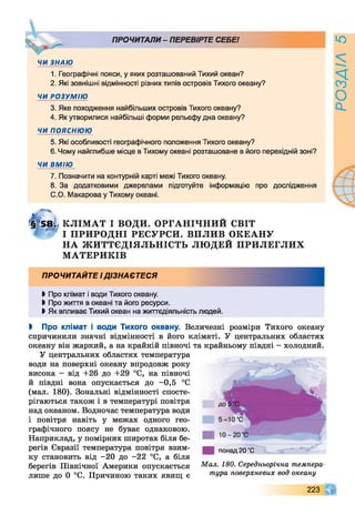 V
ПРОЧИТАЛИ - ПЕРЕВІРТЕ СЕБЕ!
ЧИ ЗНАЮ
1. Географічні пояси, у яких розташований Тихий океан?
2. Які зовнішні відмінності різних типів островів Тихого океану?
ЧИ РОЗУМІЮ
3. Яке походження найбільших островів Тихого океану?
4. Як утворилися найбільші форми рельєфу дна океану?
ЧИ ПОЯСНЮЮ
5. Які особливості географічного положення Тихого океану?
6. Чому найглибше місце в Тихому океані розташоване в його перехідній зоні?
ЧИ ВМІЮ
7. Позначити на контурній карті межі Тихого океану.
8. За додатковими джерелами підготуйте інформацію про дослідження
С.О. Макарова у Тихому океані.
г§|5$& КЛІМ АТ І ВОДИ. ОРГАНІЧНИЙ СВІТ
' І ПРИРОДНІ РЕСУРСИ. ВПЛИВ ОКЕАНУ
НА ЖИТТЄДІЯЛЬНІСТЬ ЛЮДЕЙ ПРИЛЕГЛИХ
МАТЕРИКІВ
ПРОЧИТАЙТЕ 1ДІЗН АЄ ТЕС Я
Ь Про клімат і води Тихого океану.
> Про життя в океані та його ресурси.
1 Як впливає Тихий океан на життєдіяльність людей.
— йЭЙё:
І Про клімат і води Тихого океану. Величезні розміри Тихого океану
спричинили значні відмінності в його кліматі. У центральних областях
океану він жаркий, а на крайній півночі та крайньому півдні - холодний.
У центральних областях температура
води на поверхні океану впродовж року
висока - від +26 до +29 °С, на півночі
й півдні вона опускається до -0,5 °С
(мал. 180). Зональні відмінності спосте­
рігаються також і в температурі повітря
над океаном. Водночас температура води
і повітря навіть у межах одного гео­
графічного поясу не буває однаковою.
Наприклад, у помірних широтах біля бе­
регів Євразії температура повітря взим­
ку становить від -20 до -22 °С, а біля
берегів Північної Америки опускається
лише до 0 °С. Причиною таких явищ є
понад 20 ’С
Мал. 180. Середньорічна темпера­
тура поверхневих вод океану
223 Ч^
РОЗДІЛ5
 